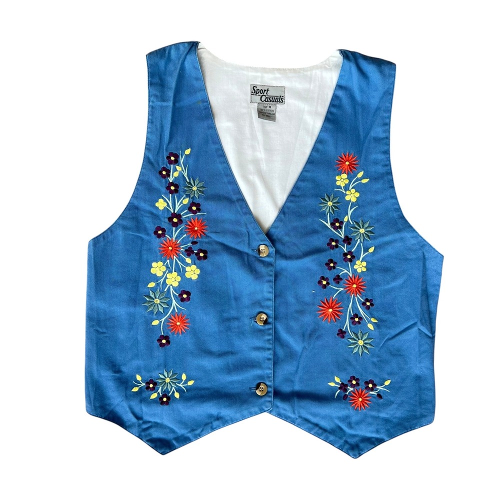 Sport Casuals Vest Women's‎ Size Medium Blue Floral Cotton Embroidered